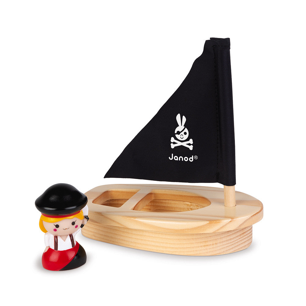 Janod Captain Melo wooden bath boat with black sail and sailor figurine