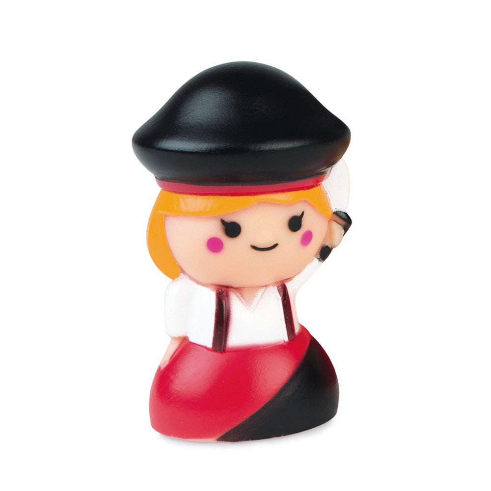 JANOD Captain Melo bath toy figure with black hat, white shirt and red dress