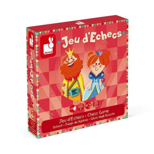 Janod Carrousel Chess Game box in bright red with cartoon king and queen figures.