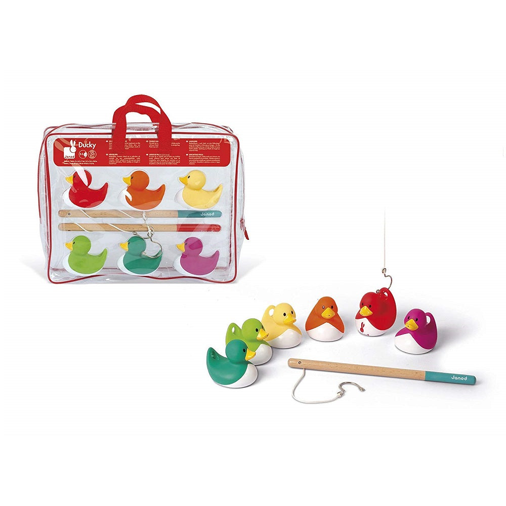 Janod Ducky Fishing Game: six colorful wooden ducks and two fishing rods pulled from a clear zip bag.