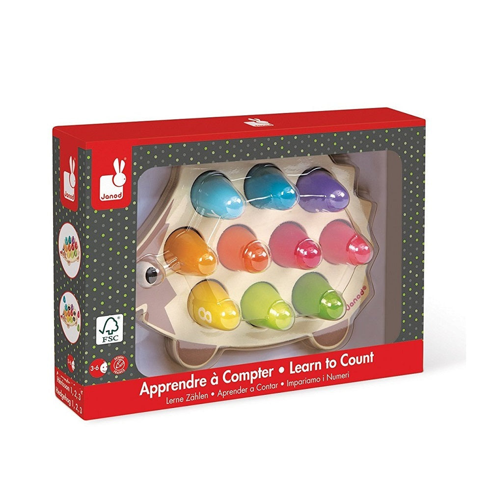 Janod Iwood Hedgehog Number Puzzle Hedgehog wooden counting toy where a child inserts colorful numbered pegs.
