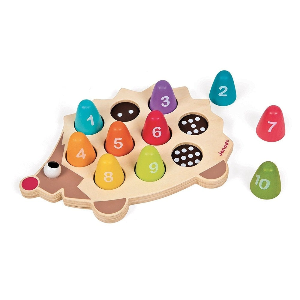 Janod Iwood Hedgehog Number Puzzle: wooden hedgehog with 10 colorful numbered pegs being inserted into matching holes
