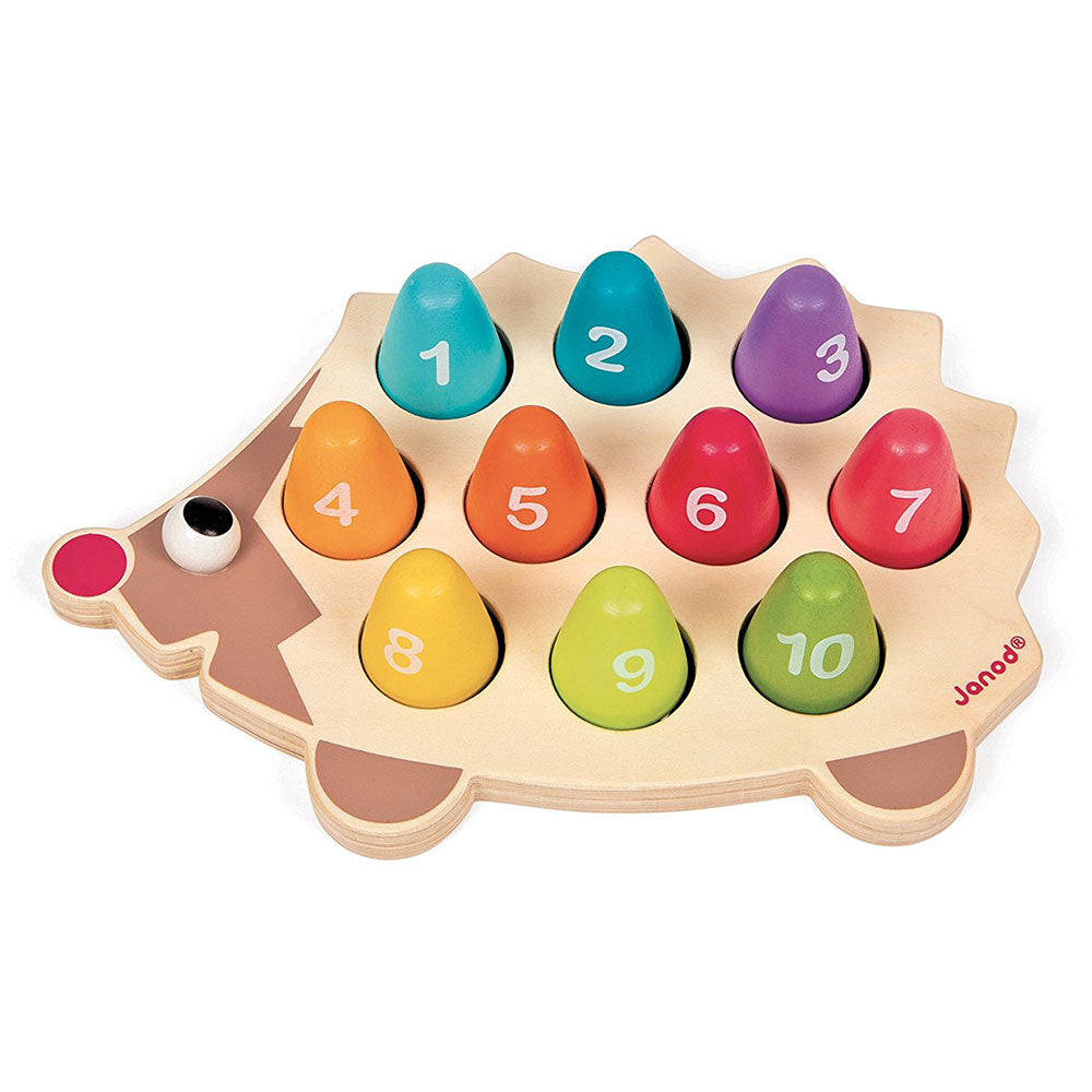 Janod Iwood Hedgehog Number Puzzle Hedgehog: 10 colorful numbered eggs on a wooden hedgehog.