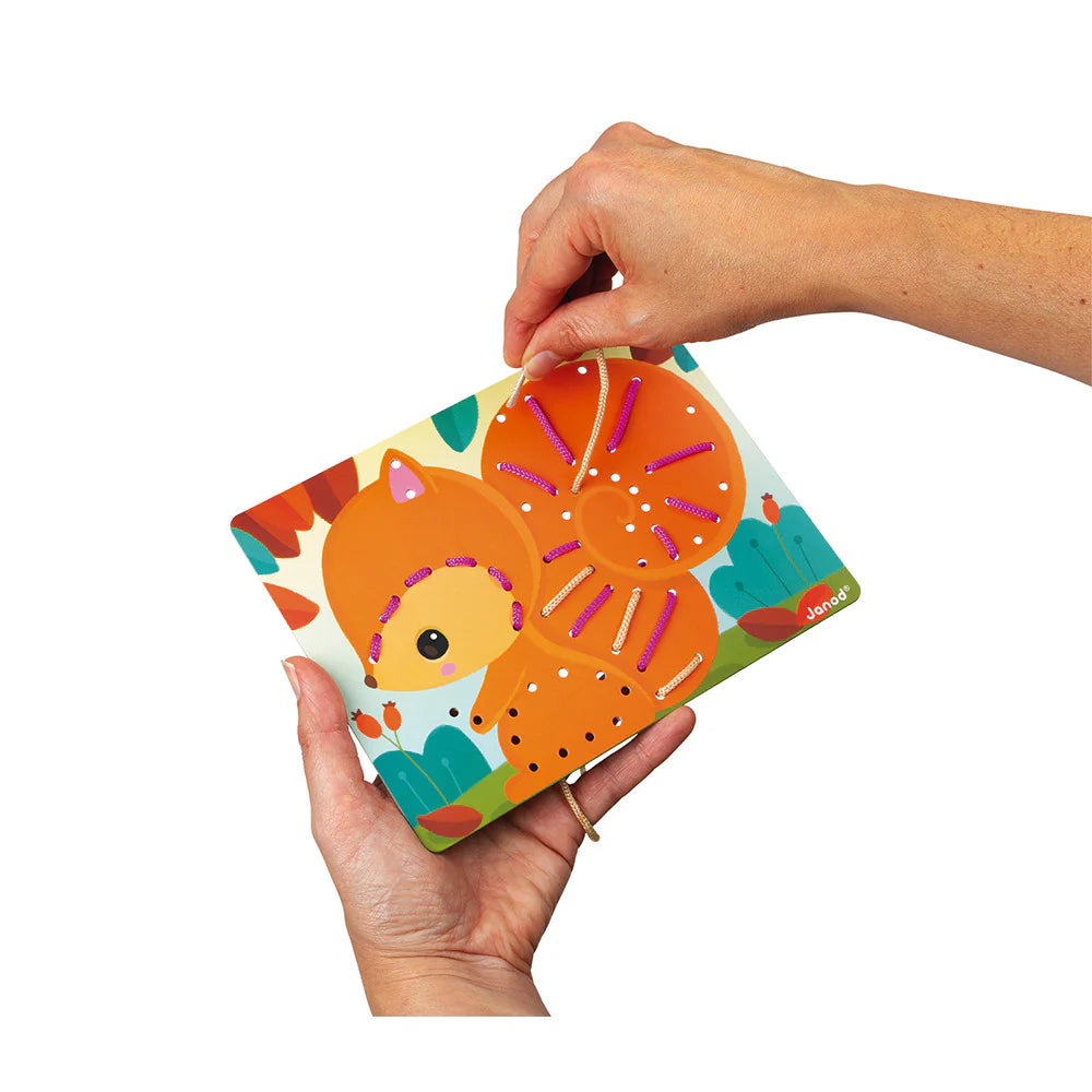 Janod Lacing Game Animals wooden activity board with bright orange animal shapes and colorful laces for toddlers