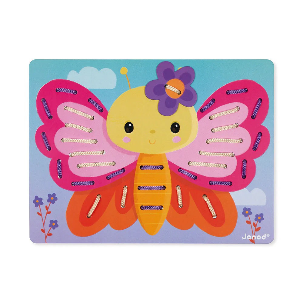 Janod Lacing Game Animals toy board featuring a bright yellow butterfly with pink wings, purple flower, and sewn laces