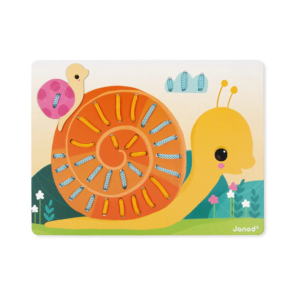 Janod lacing game animals: yellow snail with orange shell and blue and yellow laces; pink snail in background