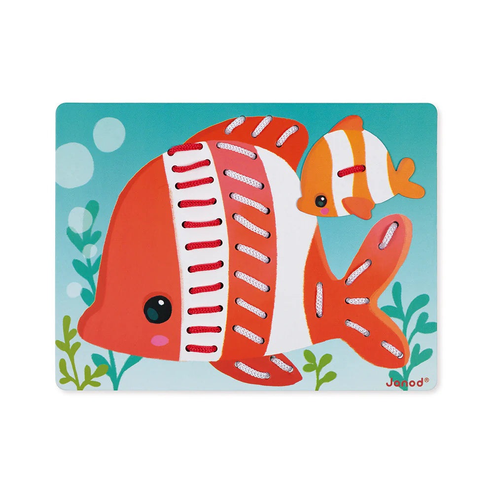 Janod Lacing Game Animals: large orange striped fish with a clownfish on a blue underwater card, JANOD.