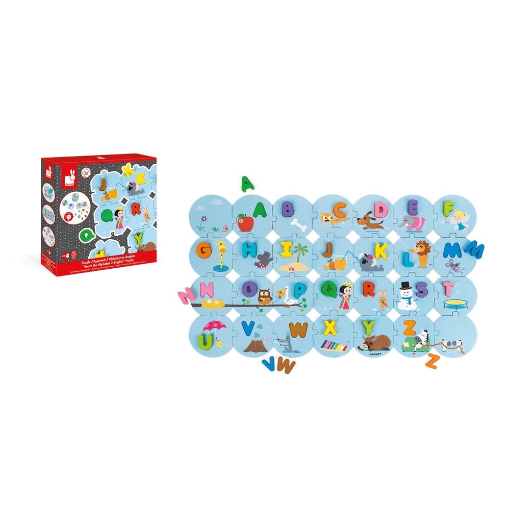 Janod Learn The Alphabet Puzzle English: blue toddler alphabet puzzle with A–Z letters in connected pieces.