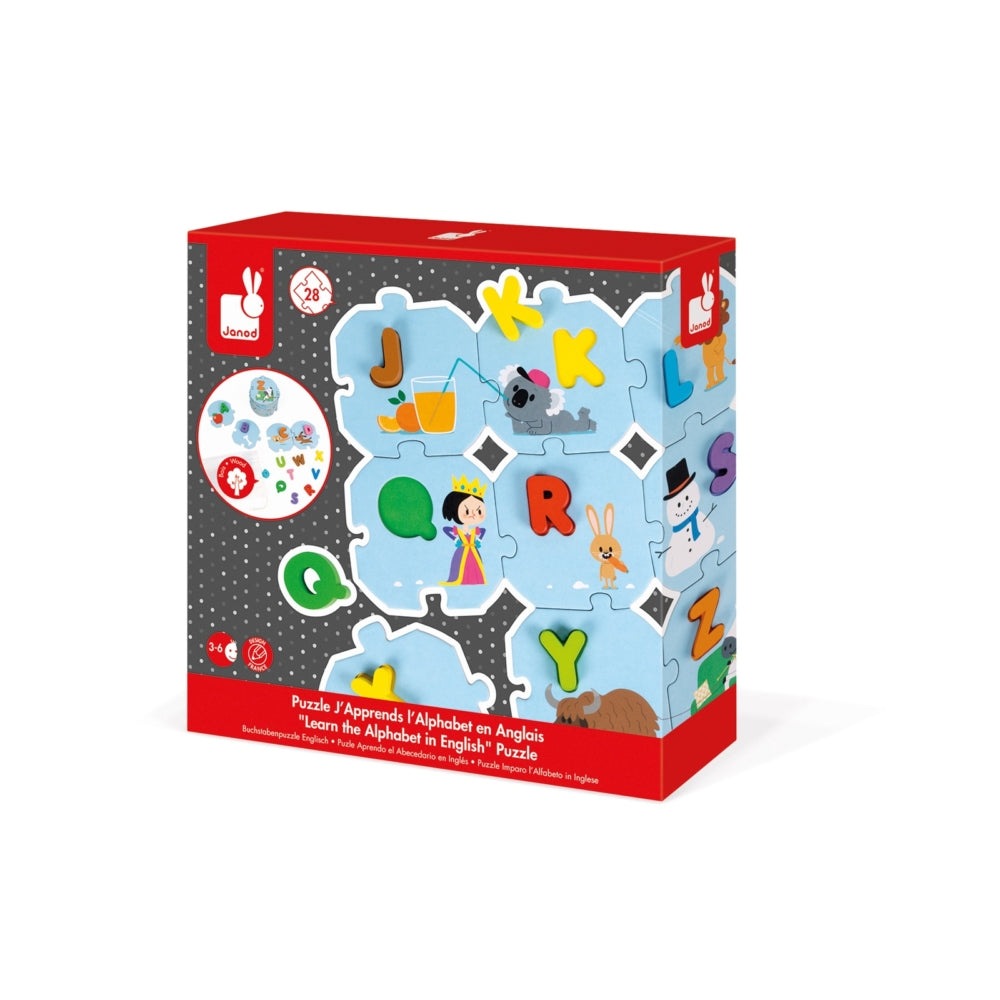 JANOD Learn The Alphabet Puzzle English; red box with blue interlocking pieces and colorful letter tiles being assembled.
