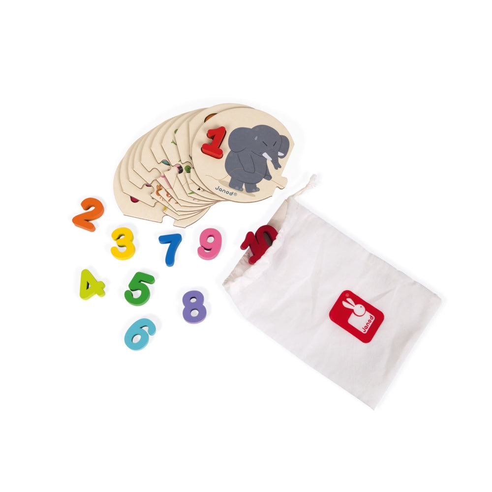 Janod Learn to Count wooden number set with ten colorful digits and elephant cards in a white drawstring bag