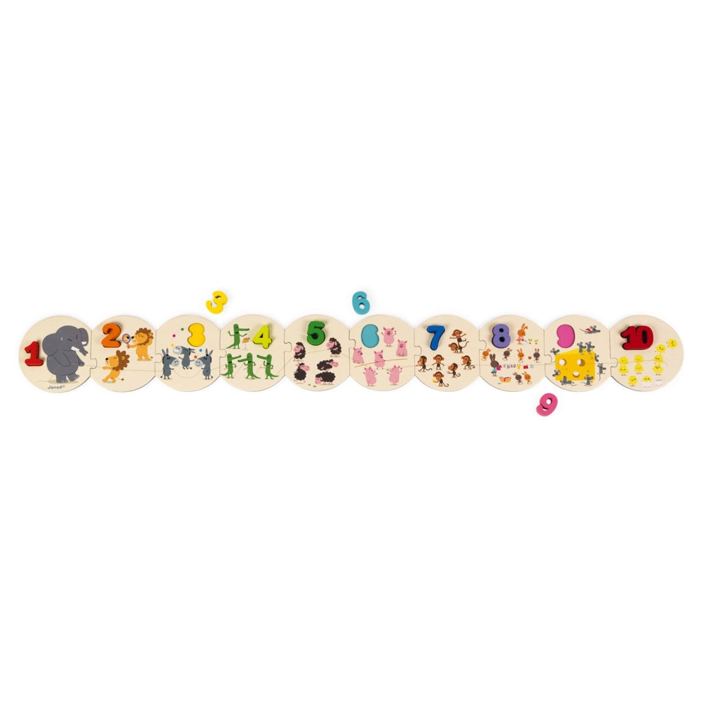 Janod Learn to Count wooden counting strip with numbered circles 1–10 and animal illustrations