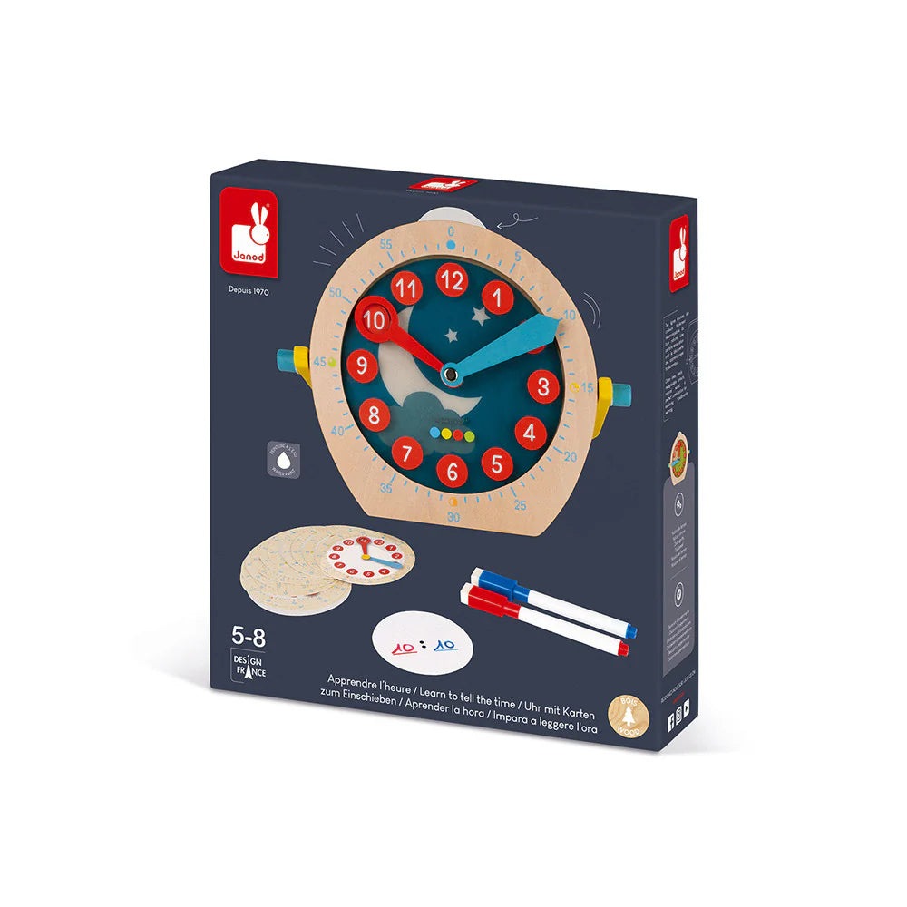 Janod Learn to Tell Time wooden clock toy with red hour hand blue minute hand and removable disks