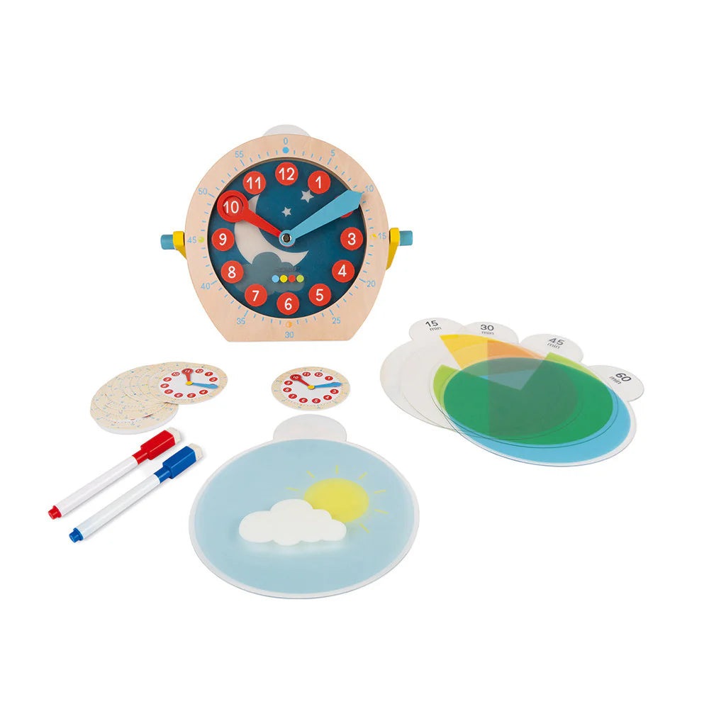 JANOD Learn to Tell Time wooden teaching clock with removable number disks, weather disk, and two dry-erase markers