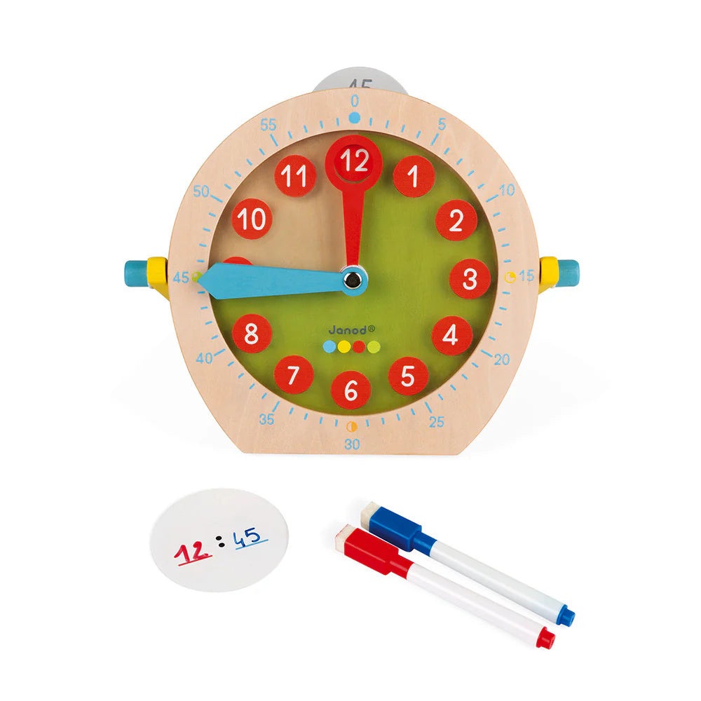 Janod Learn to Tell Time wooden teaching clock with red numbered dial, blue hour hand, red minute hand
