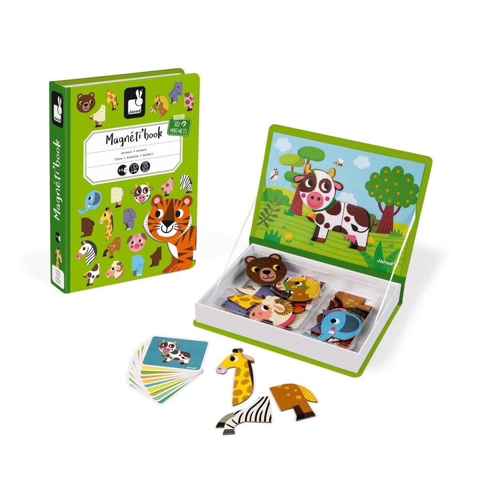 Janod Magnetibook Animals magnetic toy set in green box; open book shows colorful animal magnets ready to attach.