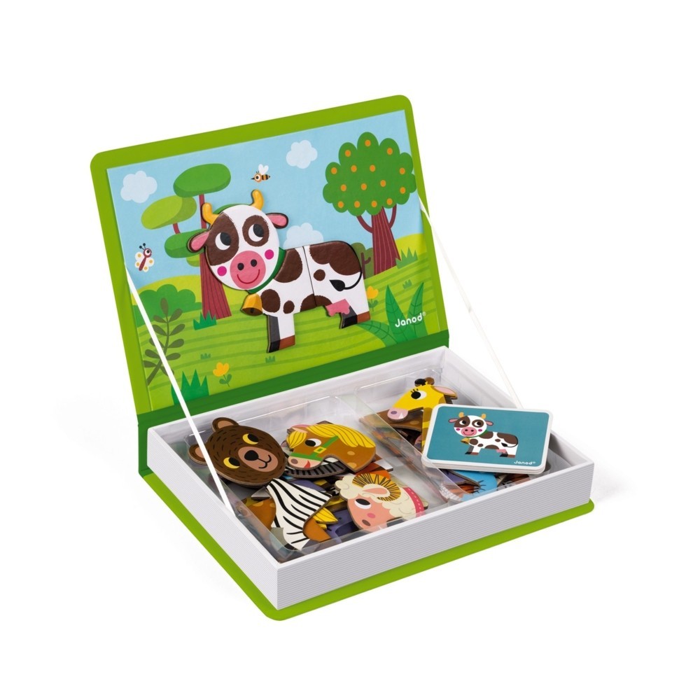 Janod Magnetibook Animals opens to a vivid green case with colorful animal magnets neatly stored in the white tray.