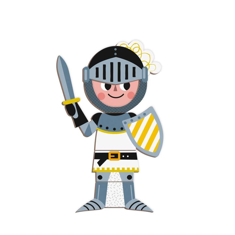 Janod Magnetibook Boy Costumes knight figure in blue armor wielding sword with striped shield