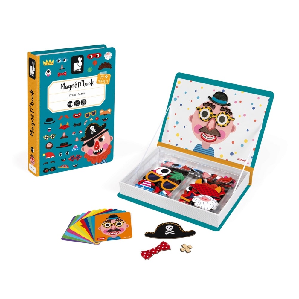 Janod Magnetibook Boy’s Crazy Faces with 70 magnet pieces and cards; child builds goofy pirate faces.