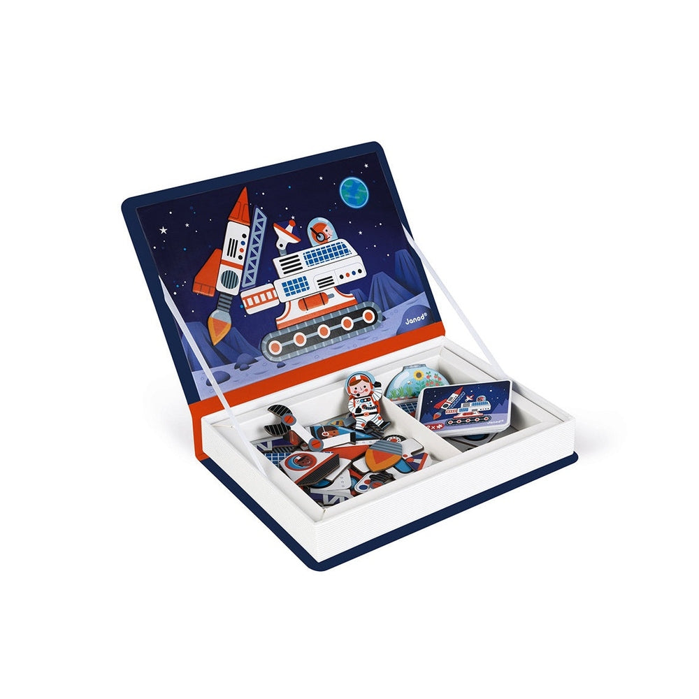Janod Magnetibook Cosmos space-themed magnetic toy set in a white and navy box with rockets and astronauts