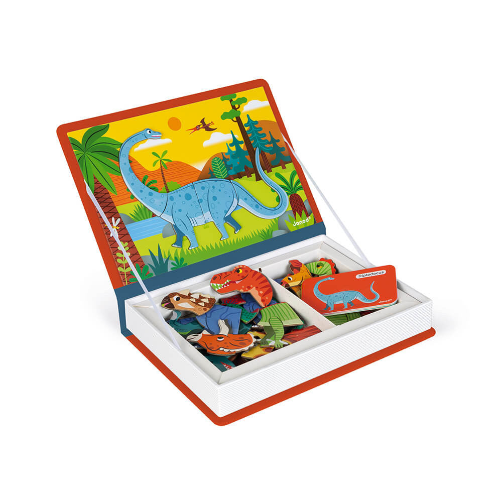 JANOD Magnetibook Dinosaurs wooden box with colorful dinosaur magnets set including multiple pieces