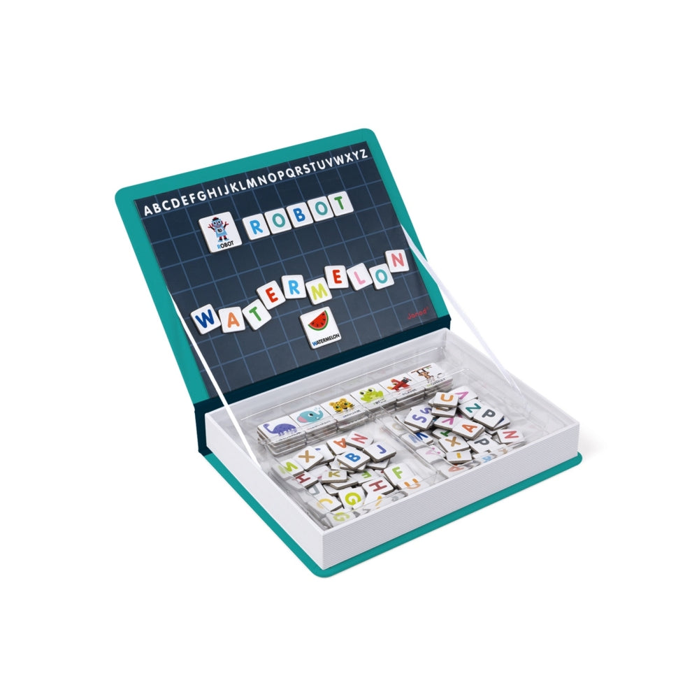 JANOD Magnetibook English Alphabet in teal case with magnetic letter tiles neatly organized in the tray