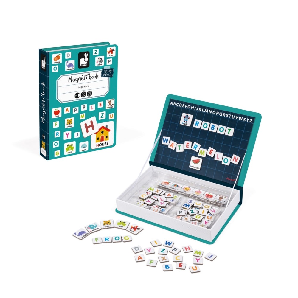 Janod Magnetibook English Alphabet set with magnetic tiles arranged on the board and stored in a teal case