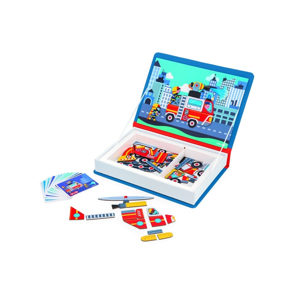 Janod Magnetibook Firefighter toy set with colorful magnetic puzzle pieces and cards