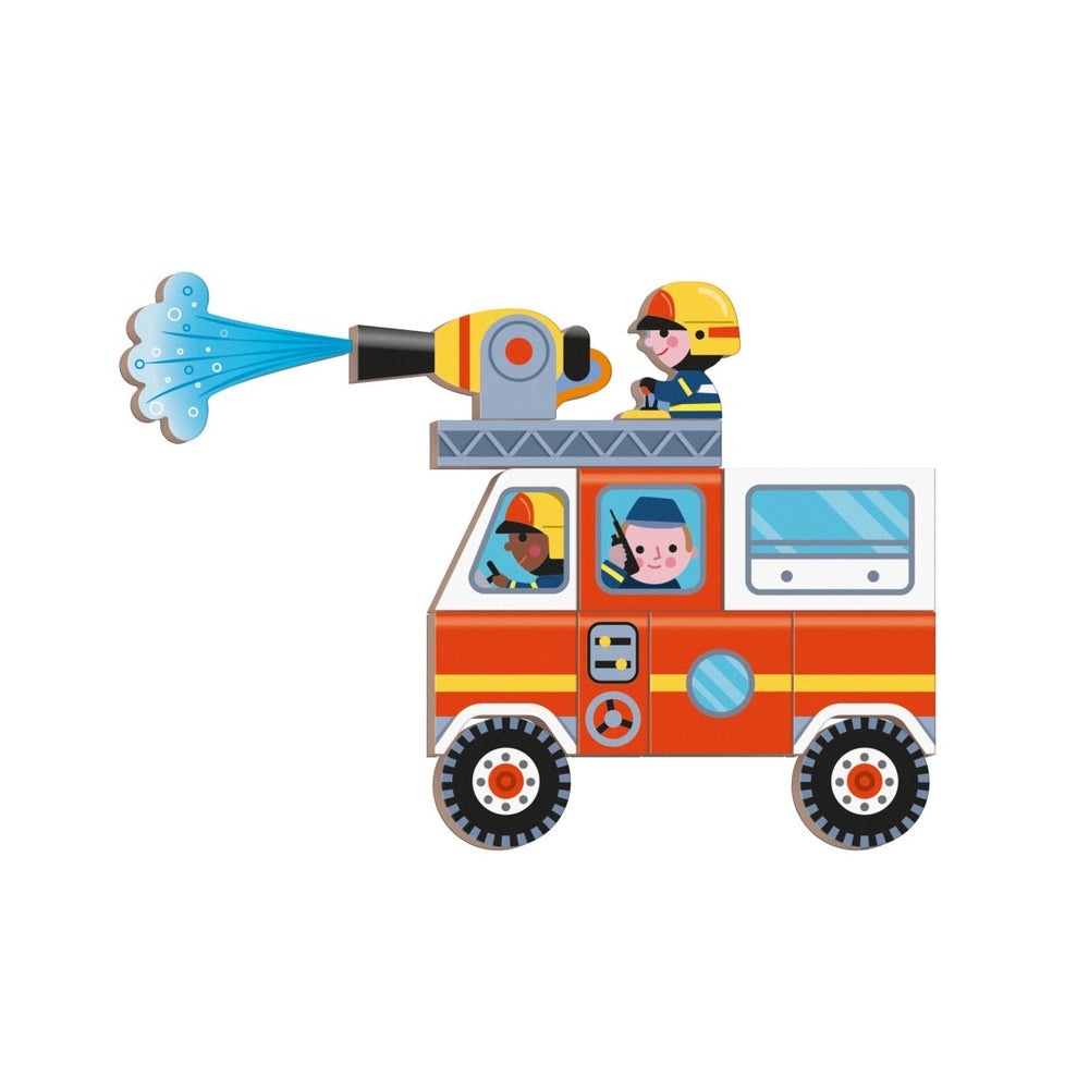 Janod Magnetibook Firefighter toy fire truck with three firefighter magnets on a red and white vehicle