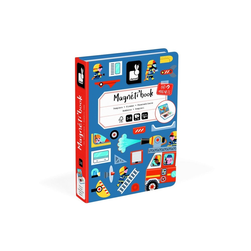Janod Magnetibook Firefighter educational toy set in blue with red spine, JANOD brand, includes 60 magnets