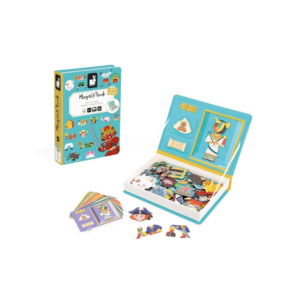 Janod Magnetibook History educational toy set with 60 magnetic pieces and cards in turquoise case