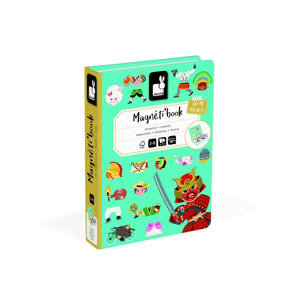 JANOD Magnetibook History educational toy with 60 magnets on turquoise cover