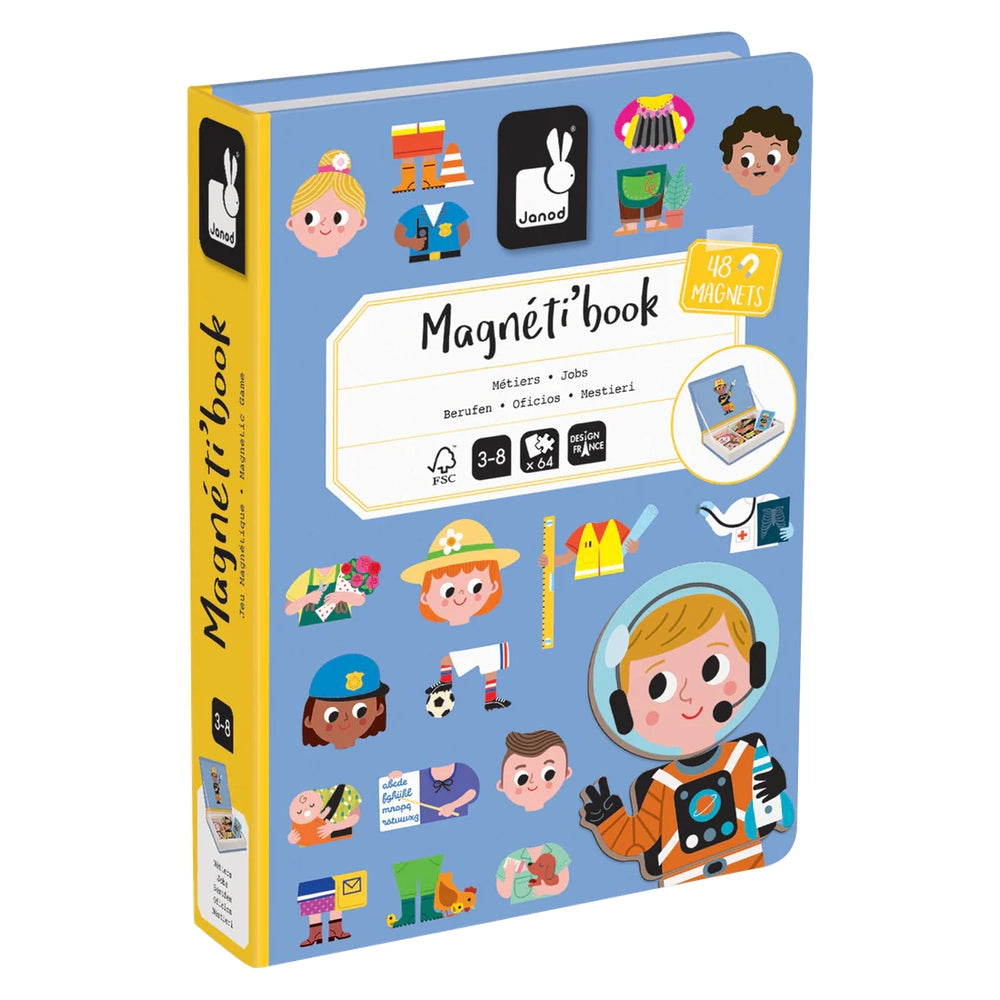 JANOD Magneti'book Jobs; blue educational toy with 48 magnets, child placing outfits and tools to match professions.