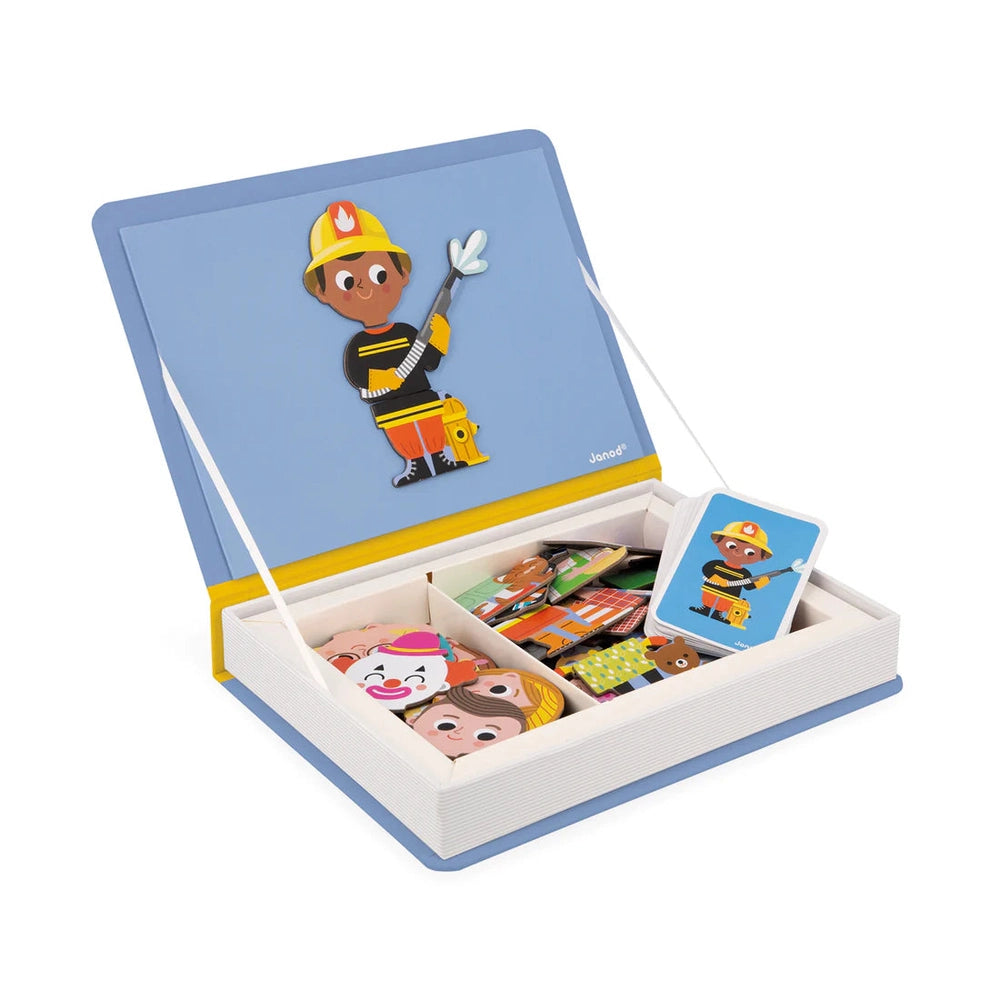 Janod Magnetibook Jobs: blue box opens to reveal firefighter magnets and colorful cards.