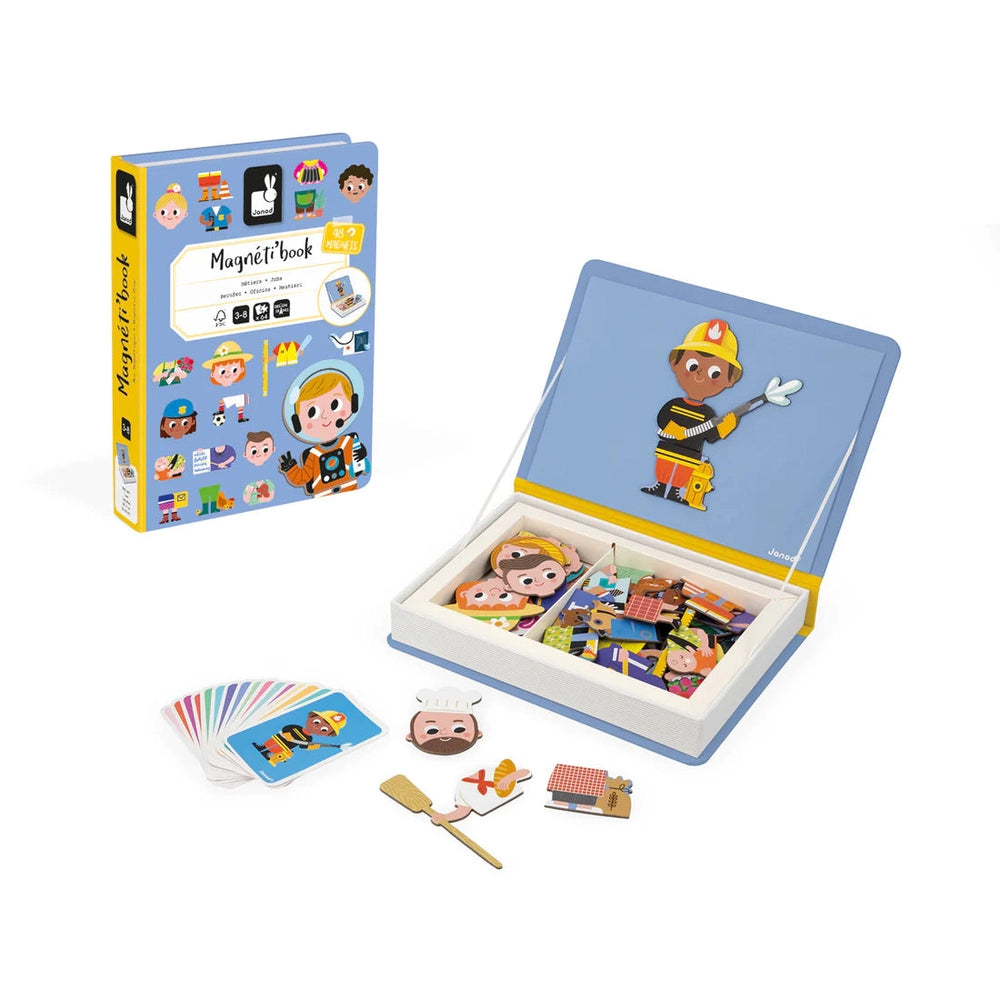JANOD Magnetibook Jobs educational toy; open box reveals colorful magnet pieces, cards, and a firefighter scene.