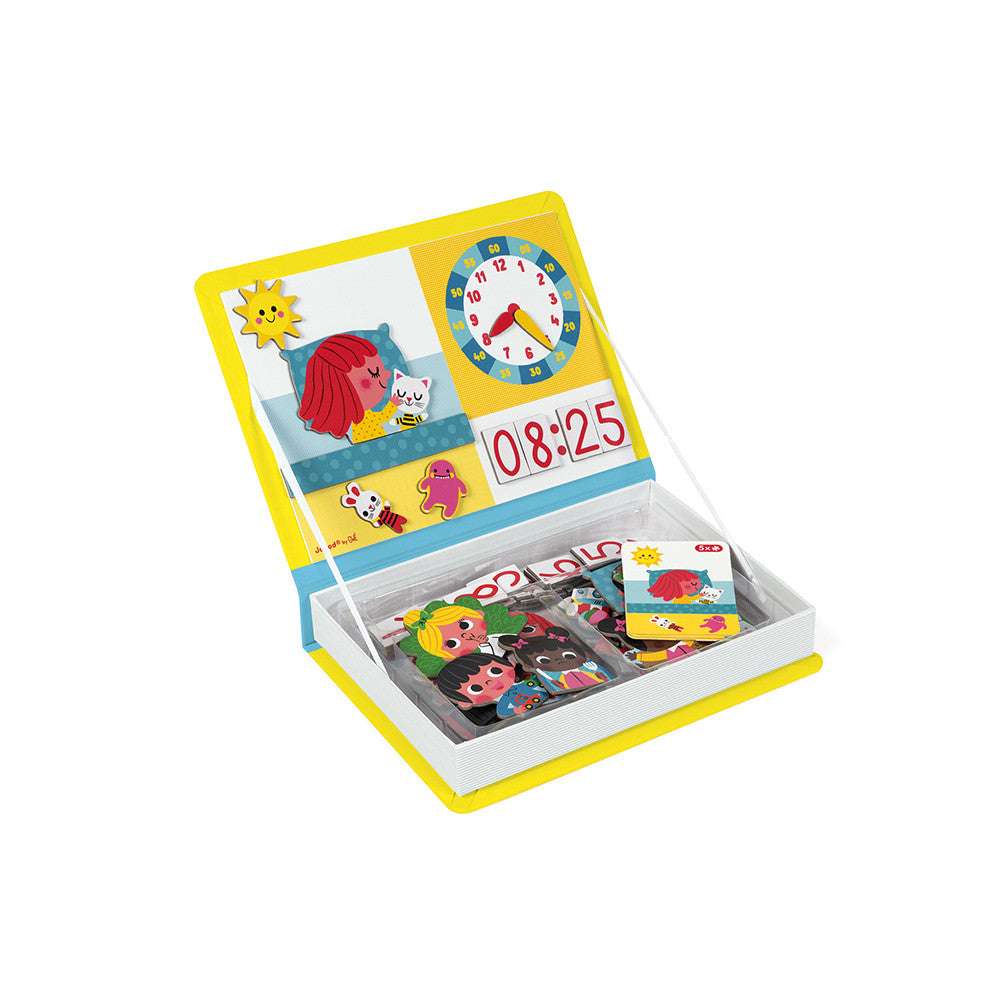 Janod Magnetibook Learn to Tell the Time educational toy with clock face and magnetic pieces in a yellow box