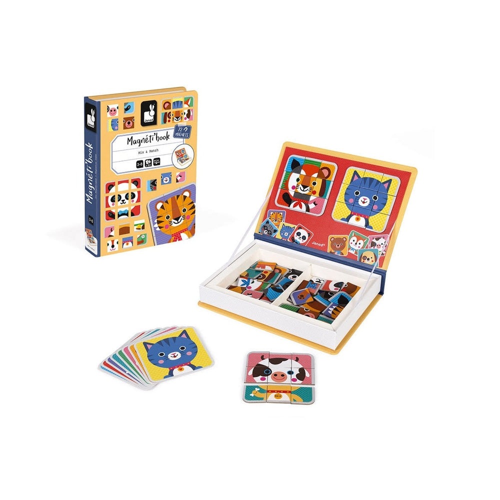 JANOD Magnetibook Mix & Match toy set with colorful magnetic animal tiles and storage box