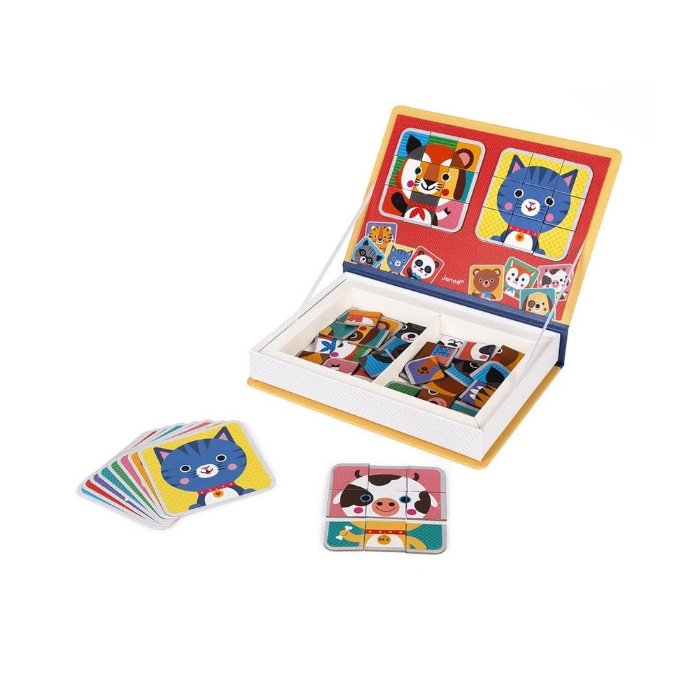 Janod Magnetibook Mix and Match magnetic toy set with colorful animal cards and storage box