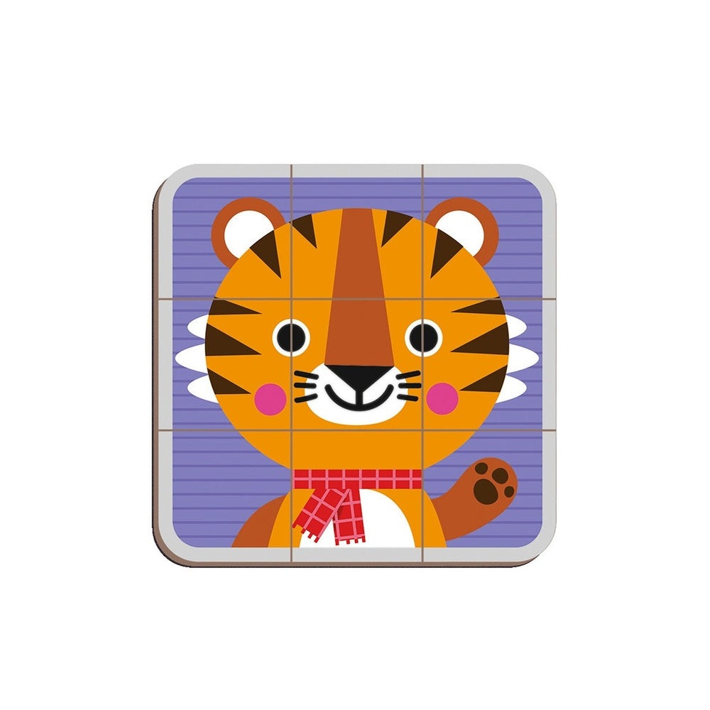 Janod Magnetibook Mix and Match tiger puzzle, orange tiger with red scarf on purple background