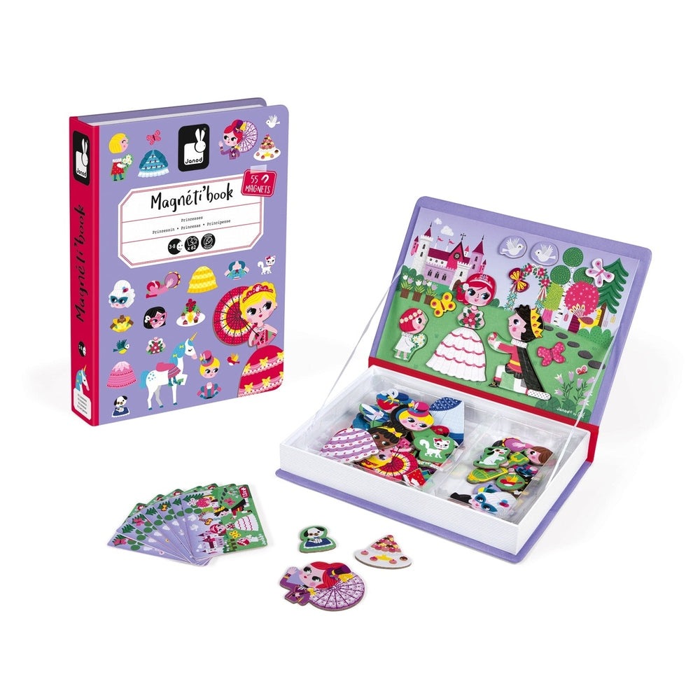 Janod Magnetibook Princess: purple box and open magnetic playset with 55 magnets used to create princess scenes.