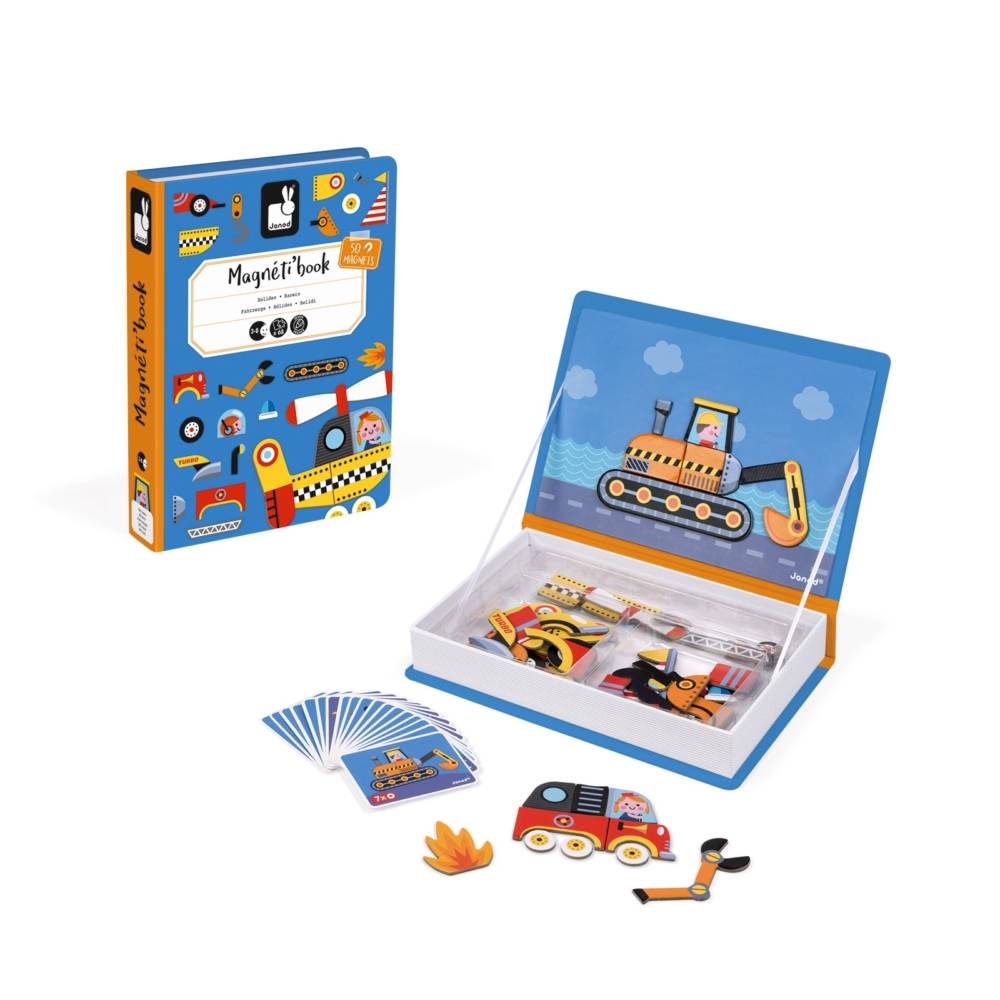 Janod Magnetibook Racers set with blue storage box and magnetic race pieces for toddlers