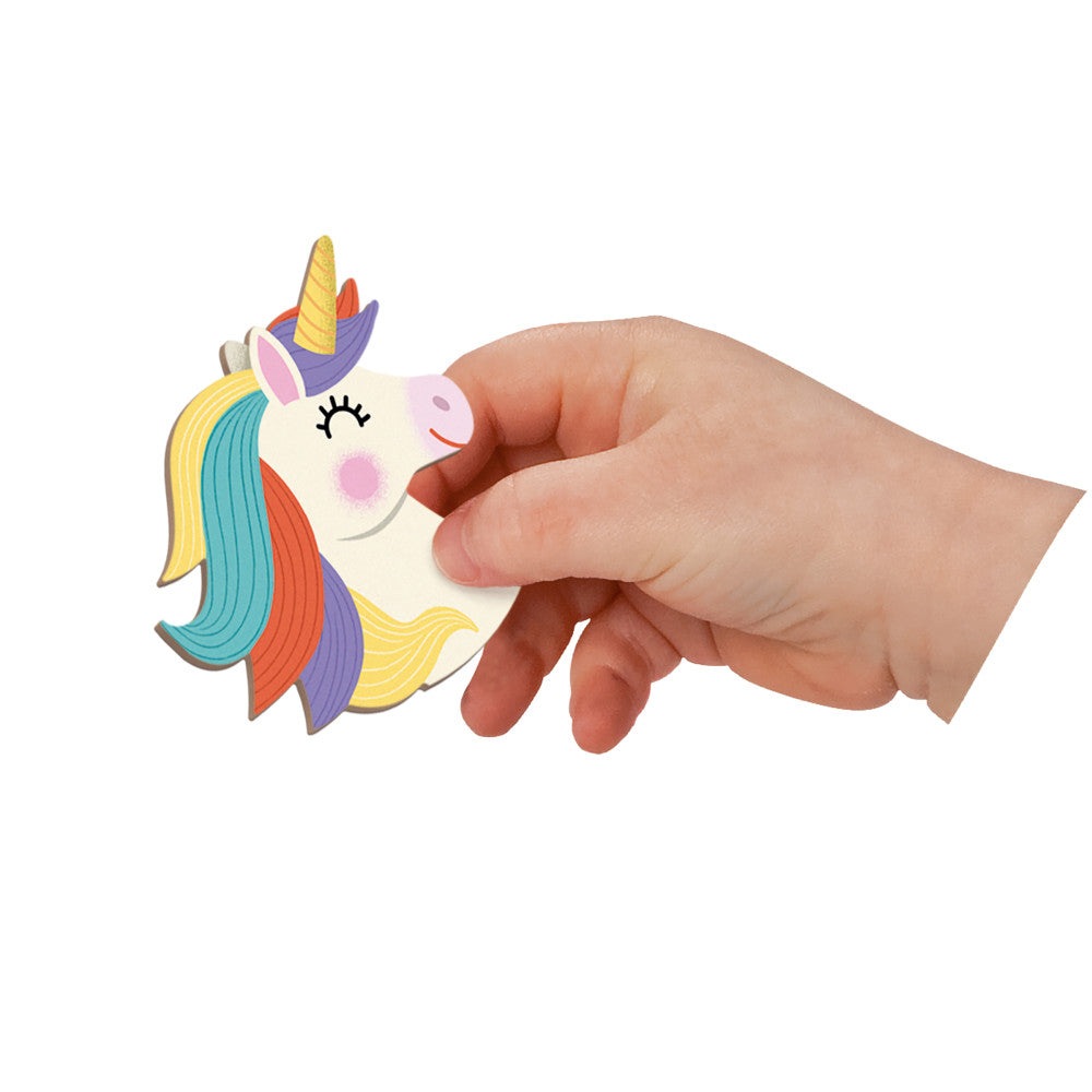 Janod Magnetibook Unicorns magnetic toy; white unicorn with rainbow mane held in hand