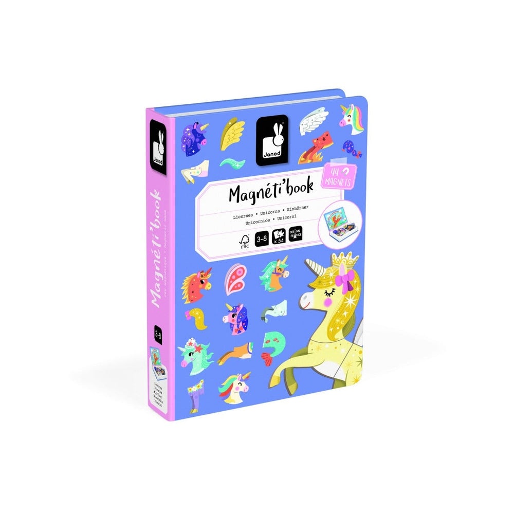 Janod Magnetibook Unicorns educational toy with 44 magnets in a blue-purple book