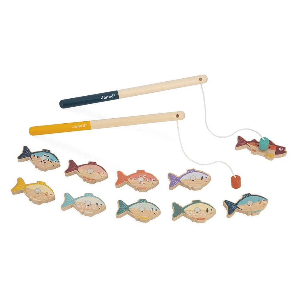 Wooden fishing game with colorful fish and rods on a white background