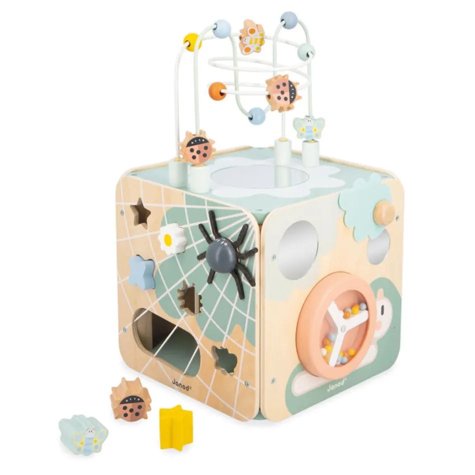 JANOD Maxi Cube Multi-Activities wooden activity cube with bead maze, rotating gears and shape sorter