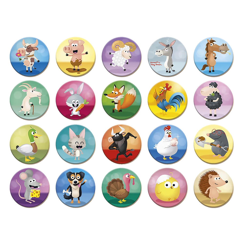 JANOD Memo Rigolooo round animal cards featuring 20 colorful illustrations arranged in a grid