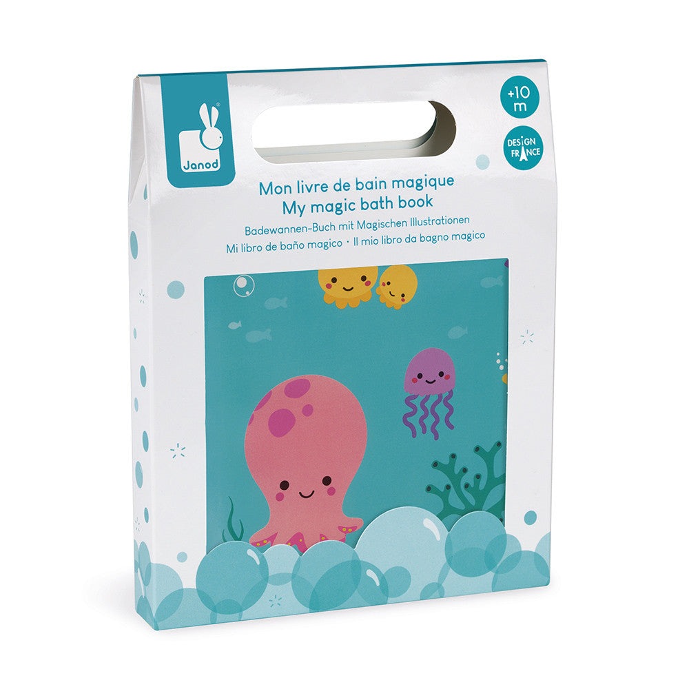 Janod My Magic Bath Book for babies, blue underwater scene with pink octopus and smiling jellyfish