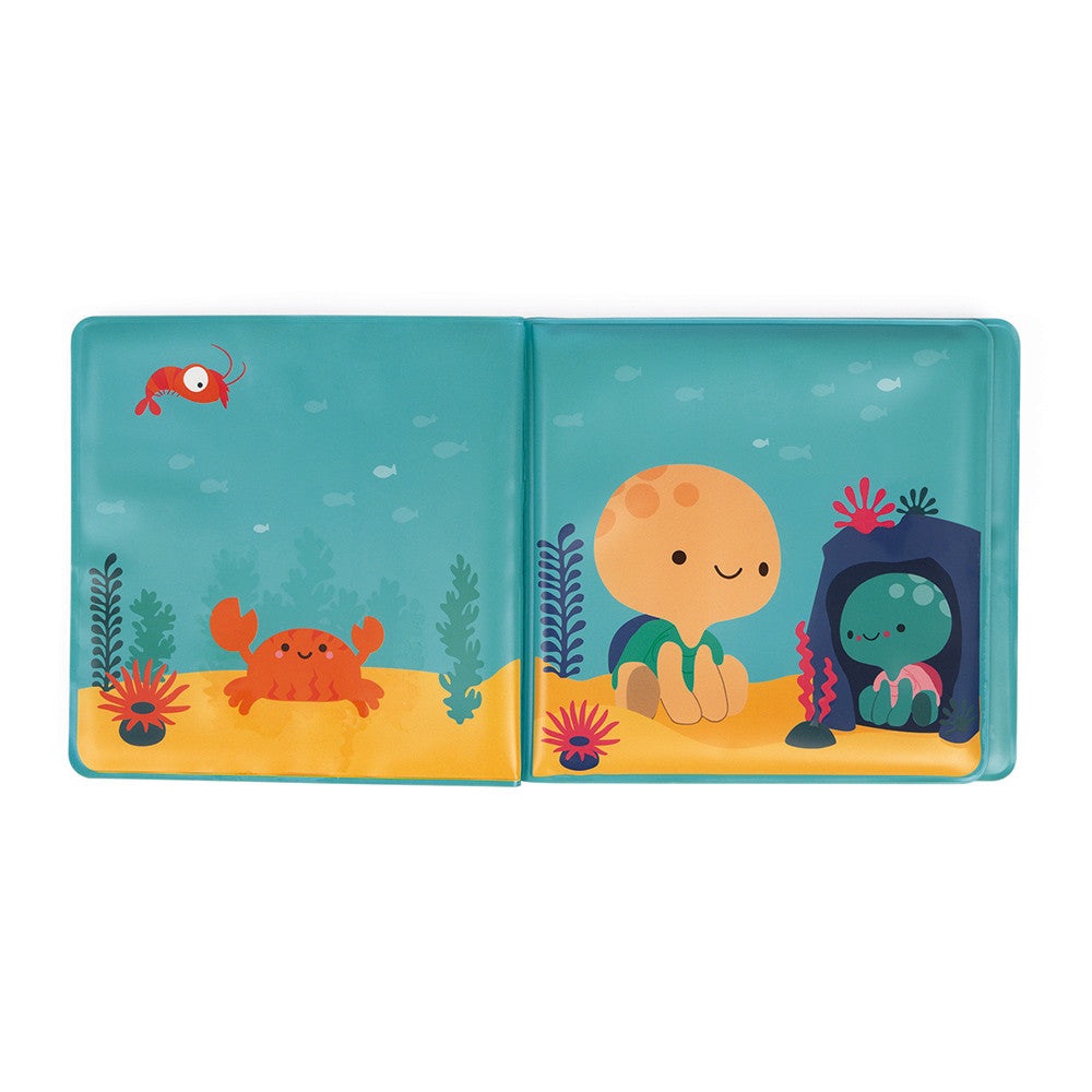 JANOD My Magic Bath Book bath toy with colorful sea creatures on turquoise pages including crab and octopus