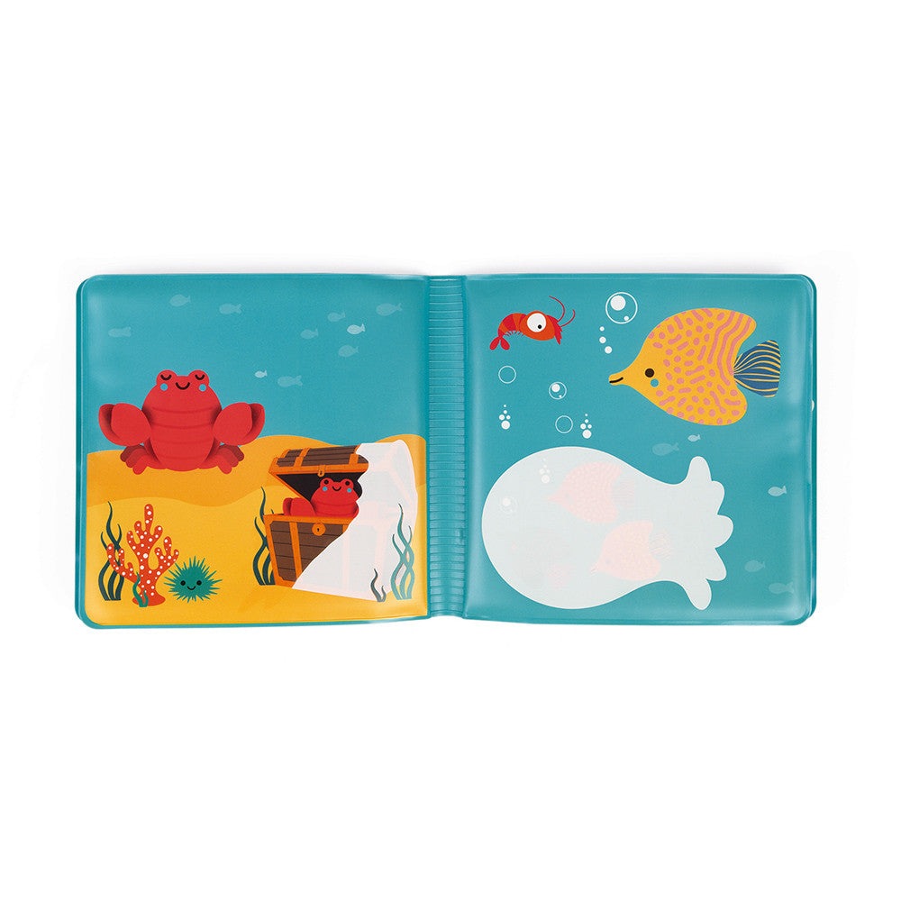 JANOD My Magic Bath Book for babies, waterproof bath toy with colorful ocean creatures on blue pages