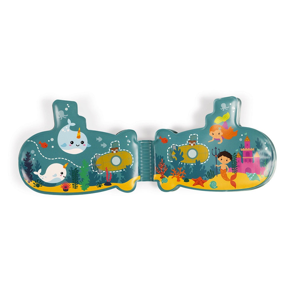 Janod My Submarine Bath Book two-piece plastic bath toy with teal underwater scene and colorful sea life
