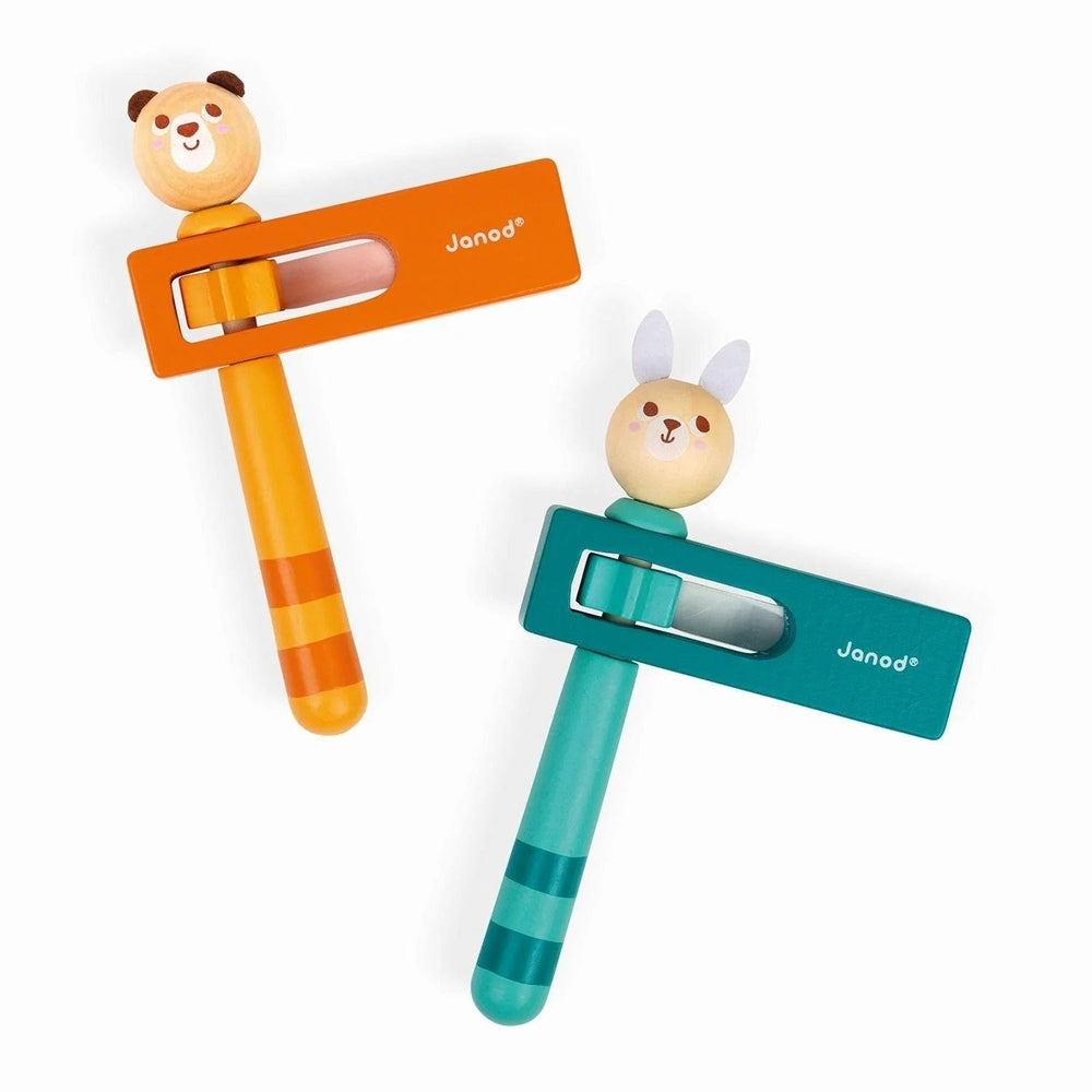 Janod Pocket Bear and Rabbit noisemakers pair; orange bear and teal rabbit wooden rattles